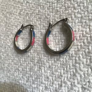Blue, pink, and white hoop earrings
